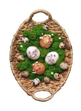Wicker basket with Easter eggs, natural flowers decor and moss cut out. 写真素材