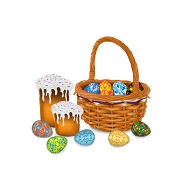 Wicker basket with Easter eggs, two Easter cakes and separate Easter eggs Stock Illustration