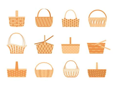 Wicker basket, easter straw hamper. Picnic pannier box with handles, empty co Stock Illustration
