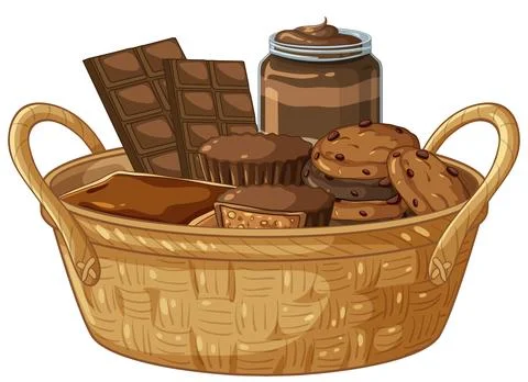 Wicker Basket Filled with Assorted Chocolate Bars Cookies and Hazelnut Spread イラスト素材