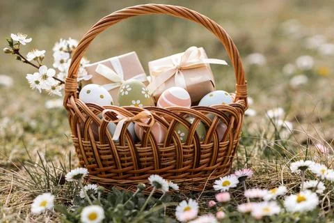 Wicker basket filled with decorated Easter eggs and gifts sits in a field o.. Stock Photos