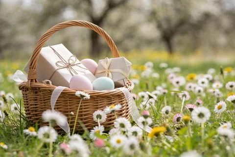 Wicker basket filled with Easter eggs and gifts sits in a field of daisies Stock Photos