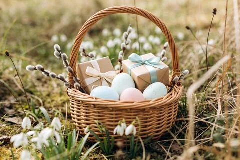 Wicker basket filled with Easter eggs and gifts, nestled amongst spring sno.. Stock Photos