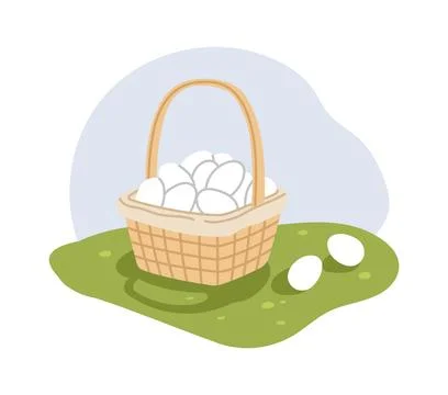 Wicker basket with fresh white eggs on grass Stock Illustration
