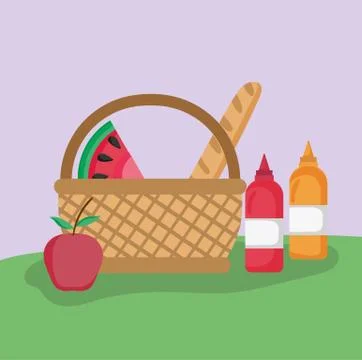 Wicker basket fruit bread and sauces picnic in the park Ilustração Stock