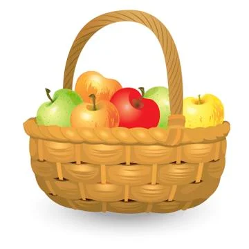 Wicker basket full of apples isolated on white background. Vector Illustratio Stock Illustration