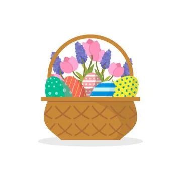 Wicker basket full of Easter eggs, tulip and lilac flowers. Spring holiday Stock Illustration