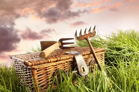 Wicker basket with garden tools in grass Stock Photos