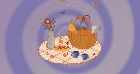 Wicker basket of gourds and corn sitting on patterned cloth, with pie, mugs, Stock Illustration