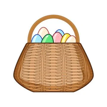 Wicker basket holding colorful easter eggs celebrating holiday Stock Illustration
