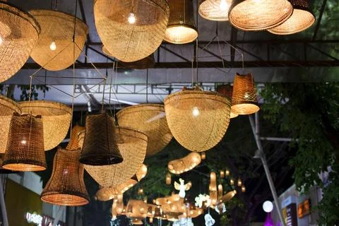 The wicker basket with lights at night. 스톡 사진