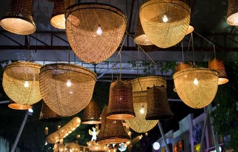 The wicker basket with lights at night. Stock Photos