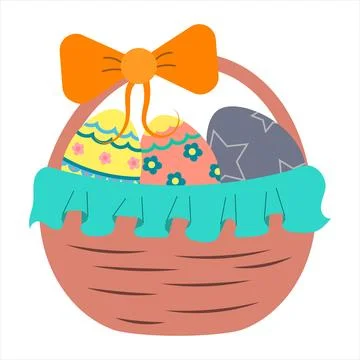 Wicker basket made of light vines with Easter colored eggs and decor, vecto.. Stock Illustration