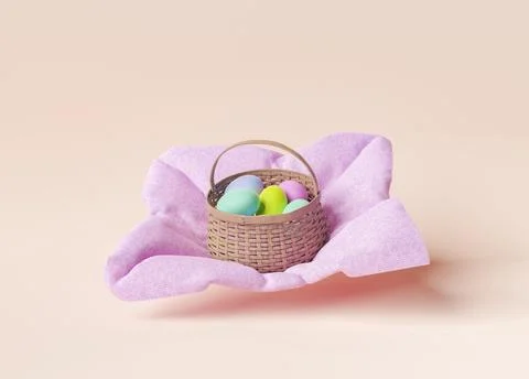 Wicker basket with multicolored Easter eggs on pink fabric Stock Photos
