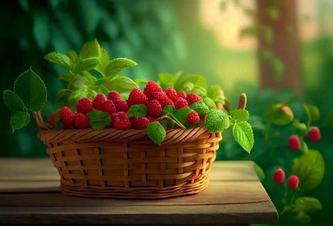 A wicker basket with raspberries stands on the table against the backdrop of a Stock Illustration