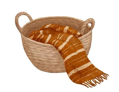 Wicker basket with red blanket or plaid. Hand drawn texture illustration Stock Illustration