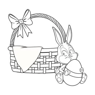 Wicker basket with ribbon easter bunny black and white Stock Illustration