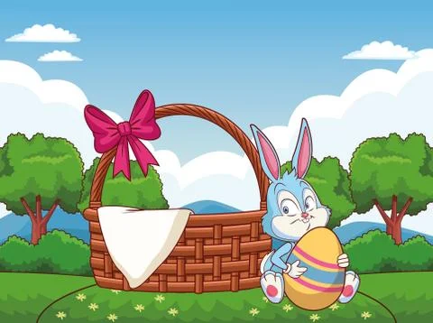 Wicker basket with ribbon easter bunny nature background trees Stock Illustration