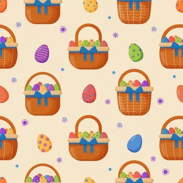 Wicker basket seamless pattern. Wicker basket with Easter eggs for Easter Stock Illustration
