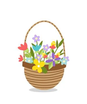 Wicker basket of spring or summer flowers. Woven floral basket. Flat, cartoon Stock Illustration