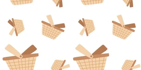 Wicker basket Vector Seamless pattern, hand drawn square Empty Picnic Box iso Stock Illustration
