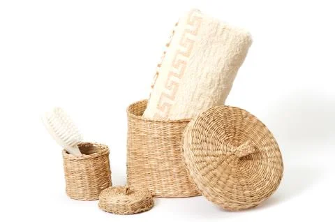 Wicker baskets with bath accessories Stock Photos