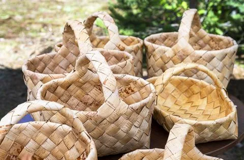 Wicker baskets from birch bark Stock Photos