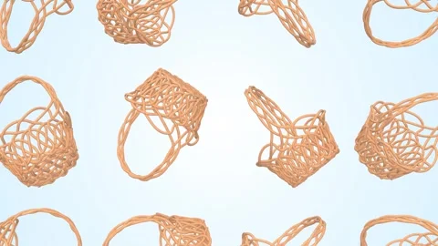 Wicker Baskets Falling on a Light Blue Background. Wicker Easter Basket 3D. 4K Stock Footage 306357610