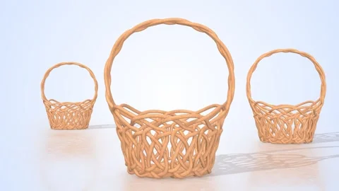 Wicker Baskets on a Light Reflective Floor. Easter Wicker Baskets 3D. 4K Stock Footage 306357606