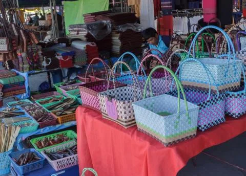 Wicker baskets made of recycled materials. Stock Photos