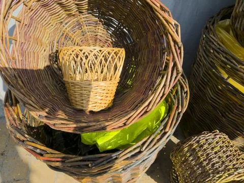 Wicker Baskets Overhead Interior Brown Golden Green Leaf Rustic Craft Stock Photos