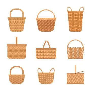 Wicker baskets set. Yellow knapsacks in decorative tracery traditional straw Stock Illustration