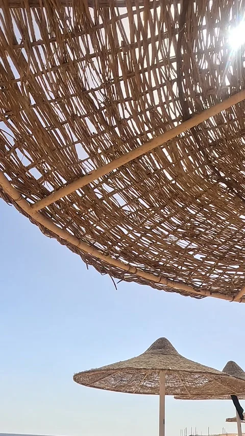 Wicker beach umbrella against clear blue sky. Tropical straw sunshade provides Stock Footage 331554967