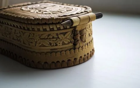 Wicker box made of birch bark, handmade. Stock Photos