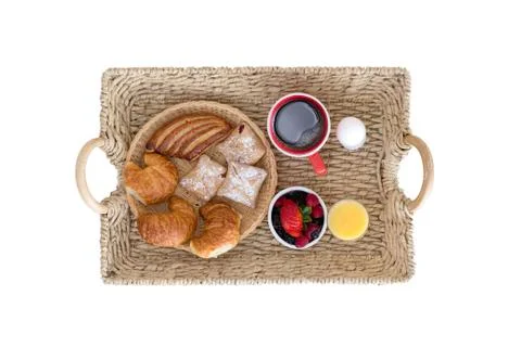 Wicker Breakfast Tray on White Background Stock Photos