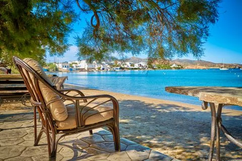 Wicker chair by seafront under pine tree on beach on sunny day. Holidays, relax Stock Photos
