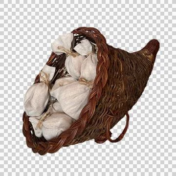 Wicker Cornucopia Basket with Linen Sacks Stock Photos