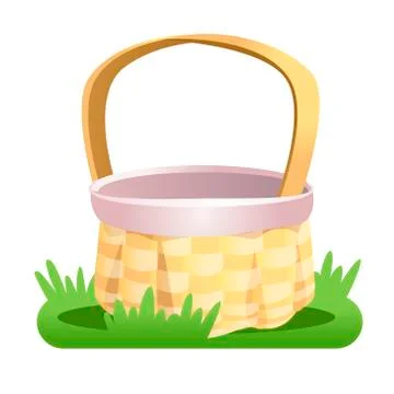 Wicker empty basket on the green grass isolated on white background. Vector Stock Illustration