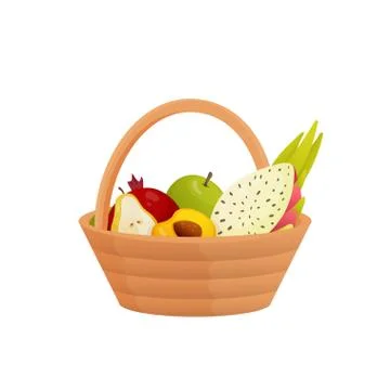 Wicker fruit basket with comfortable handle isolated on white background Stock Illustration