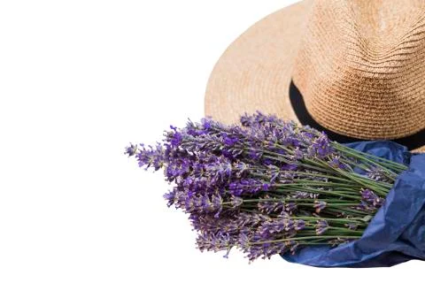 Wicker hat with lavender on isolated background Stock Photos