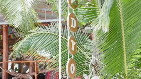 Wicker lantern decorates a tree on the beach. beautiful lantern on a palm tree Stock-Footage 127149807