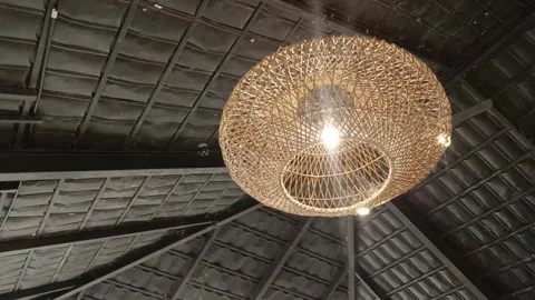 Wicker Pendant Lamp with Black Tile Ceiling Video stock 308261897