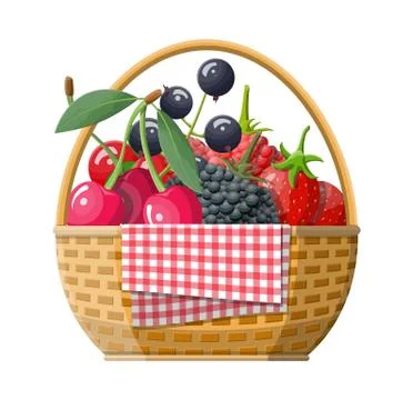 Wicker picnic basket with berries. Illustration