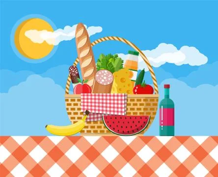 WIcker picnic basket full of products. Illustration