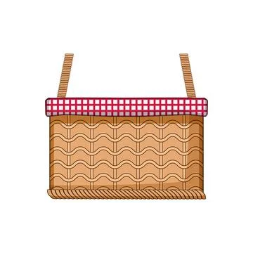 Wicker picnic basket with red gingham cloth on white background Stock Illustration