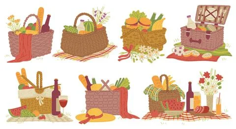 Wicker picnic baskets full of fresh food for lunch a set of vector illustrations Stock Illustration