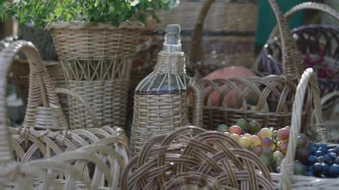 Wicker wickerwork. Baskets, vases, wrapped bottles Stock Footage 163515526