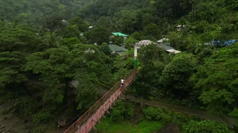 A wide aerial angle settles over a forested hillside village. Rusted rooftops Video stock 319015744