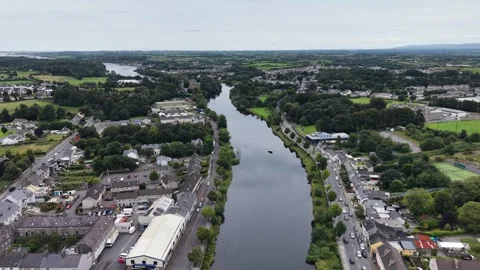 Wide aerial drone view over Ballina, County Mayo, Ireland Stock Footage 343737382