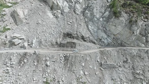 Wide Aerial of Massive Rockfall and Landslide Blocking Himalayan Highway 動画素材 333069068